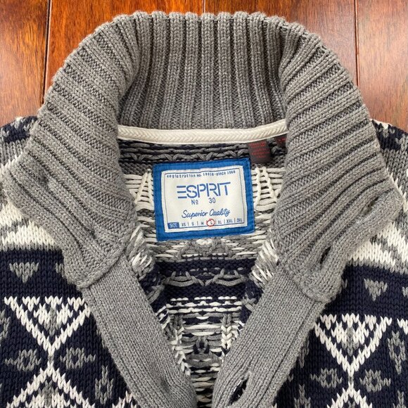 Esprit Mens Nordic Fair Isle Cardigan Aztec Western Gray Size L Vintage - Picture 3 of 12